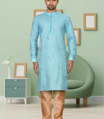 Sky blue art silk embroidery kurta churidar for men's