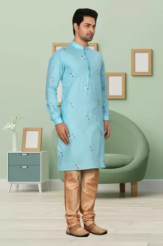 Sky blue art silk embroidery kurta churidar for men's