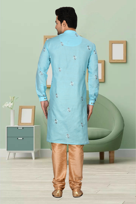 Sky blue art silk embroidery kurta churidar for men's 3