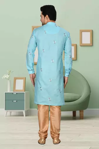 Sky blue art silk embroidery kurta churidar for men's