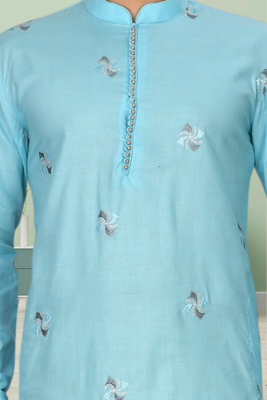 Sky blue art silk embroidery kurta churidar for men's 4
