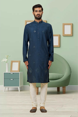 Navy blue art silk embroidery kurta churidar for men's 1