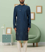 Navy blue art silk embroidery kurta churidar for men's