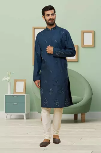 Navy blue art silk embroidery kurta churidar for men's