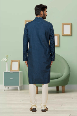 Navy blue art silk embroidery kurta churidar for men's 3