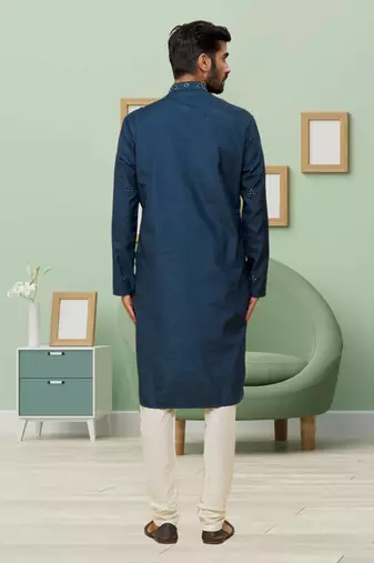 Navy blue art silk embroidery kurta churidar for men's
