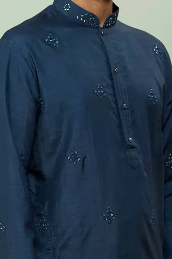 Navy blue art silk embroidery kurta churidar for men's