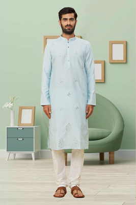 Powder blue art silk embroidery kurta churidar for men's 1
