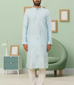 Powder blue art silk embroidery kurta churidar for men's