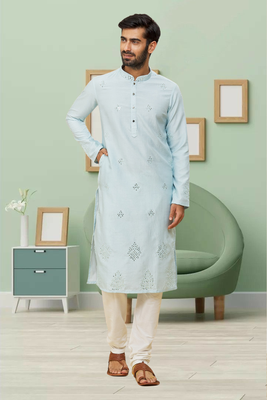 Powder blue art silk embroidery kurta churidar for men's 2