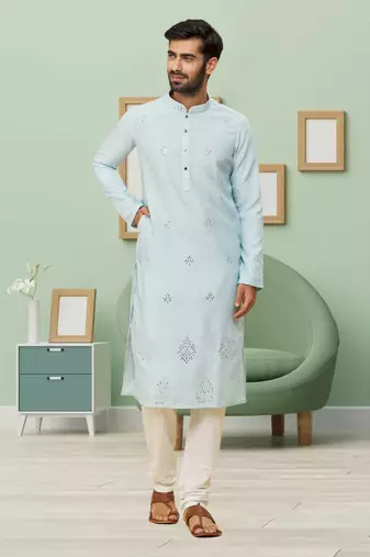 Powder blue art silk embroidery kurta churidar for men's