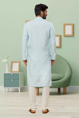 Powder blue art silk embroidery kurta churidar for men's 3