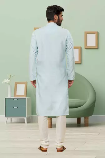 Powder blue art silk embroidery kurta churidar for men's
