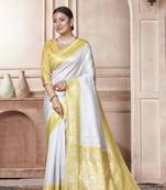Yellow kanjivaram silk blend with Rich Gold Border And Elephant Motifs Saree With Blouse For Women
