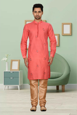 Coral art silk embroidery kurt churidar for men's 1