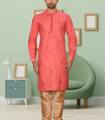 Coral art silk embroidery kurt churidar for men's