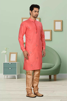Coral art silk embroidery kurt churidar for men's 2