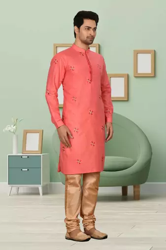 Coral art silk embroidery kurt churidar for men's