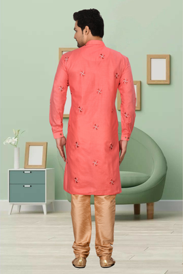 Coral art silk embroidery kurt churidar for men's 3