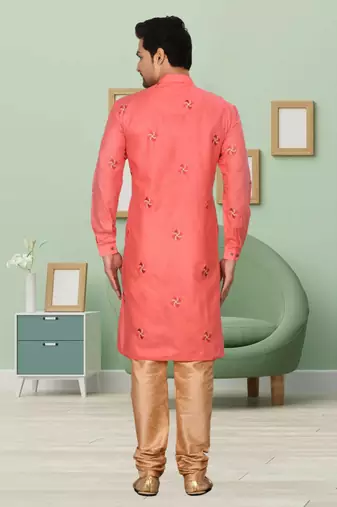 Coral art silk embroidery kurt churidar for men's