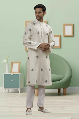 Cream art silk embroidery kurta pyjama for men's 1