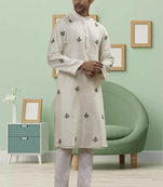 Cream art silk embroidery kurta pyjama for men's