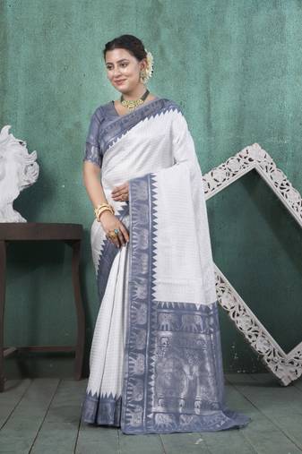 Purple kanjivaram silk blend with Rich Gold Border And Elephant Motifs Saree With Blouse For Women