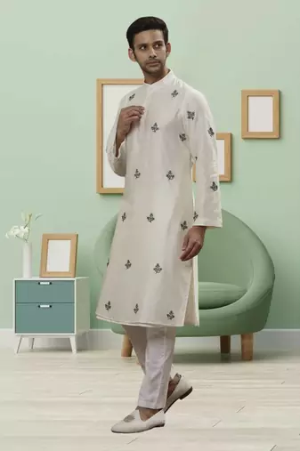 Cream art silk embroidery kurta pyjama for men's