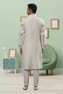 Cream art silk embroidery kurta pyjama for men's 3