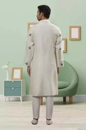 Cream art silk embroidery kurta pyjama for men's