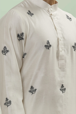 Cream art silk embroidery kurta pyjama for men's 4