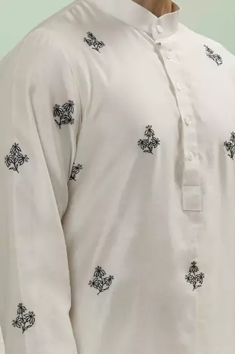 Cream art silk embroidery kurta pyjama for men's