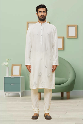 Off white art silk embroidery kurta pyjama for men's 1