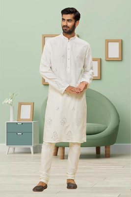 Off white art silk embroidery kurta pyjama for men's 2