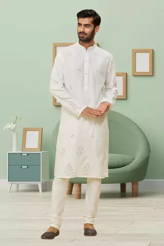 Off white art silk embroidery kurta pyjama for men's