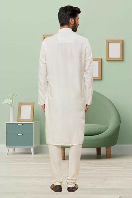 Off white art silk embroidery kurta pyjama for men's 3