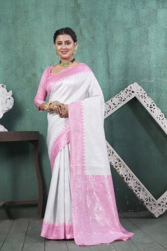 Pink kanjivaram silk blend with Rich Gold Border And Elephant Motifs Saree With Blouse For Women
