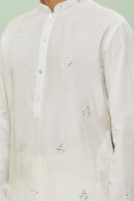 Off white art silk embroidery kurta pyjama for men's 4
