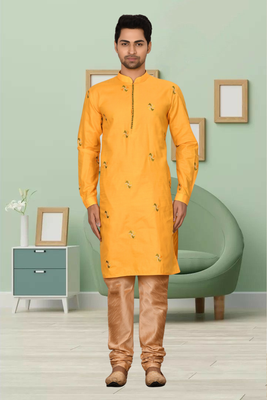 Yellow art silk embroidery kurta pyjama for men's 1