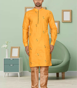 Yellow art silk embroidery kurta pyjama for men's