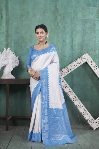 Sky Blue kanjivaram silk blend with Rich Gold Border And Elephant Motifs Saree With Blouse For Women