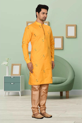 Yellow art silk embroidery kurta pyjama for men's 2