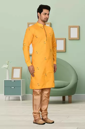 Yellow art silk embroidery kurta pyjama for men's