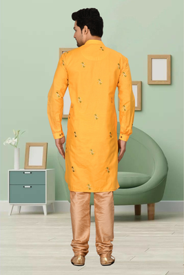 Yellow art silk embroidery kurta pyjama for men's 3