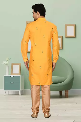 Yellow art silk embroidery kurta pyjama for men's