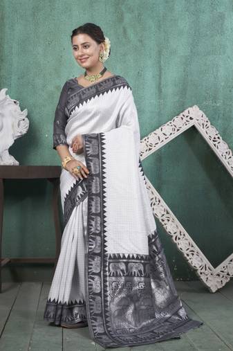 Black kanjivaram silk blend with Rich Gold Border And Elephant Motifs Saree With Blouse For Women