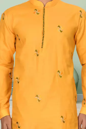 Yellow art silk embroidery kurta pyjama for men's