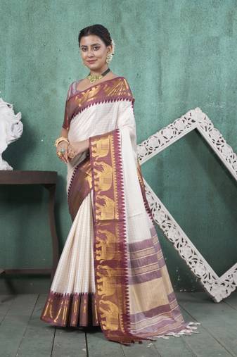 Wine kanjivaram silk blend with Rich Gold Border And Elephant Motifs Saree With Blouse For Women