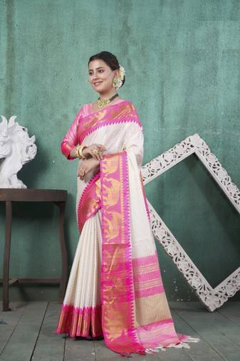 Rani Pink kanjivaram silk blend with Rich Gold Border And Elephant Motifs Saree With Blouse For Women