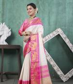 Rani Pink kanjivaram silk blend with Rich Gold Border And Elephant Motifs Saree With Blouse For Women
